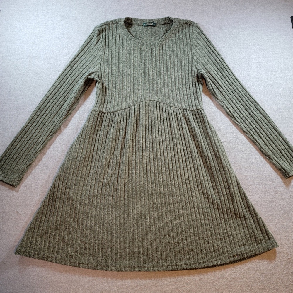 Ofeefan Ribbed Knit Dress Womens Med Olive Green Excellent Long Sleeve Pockets